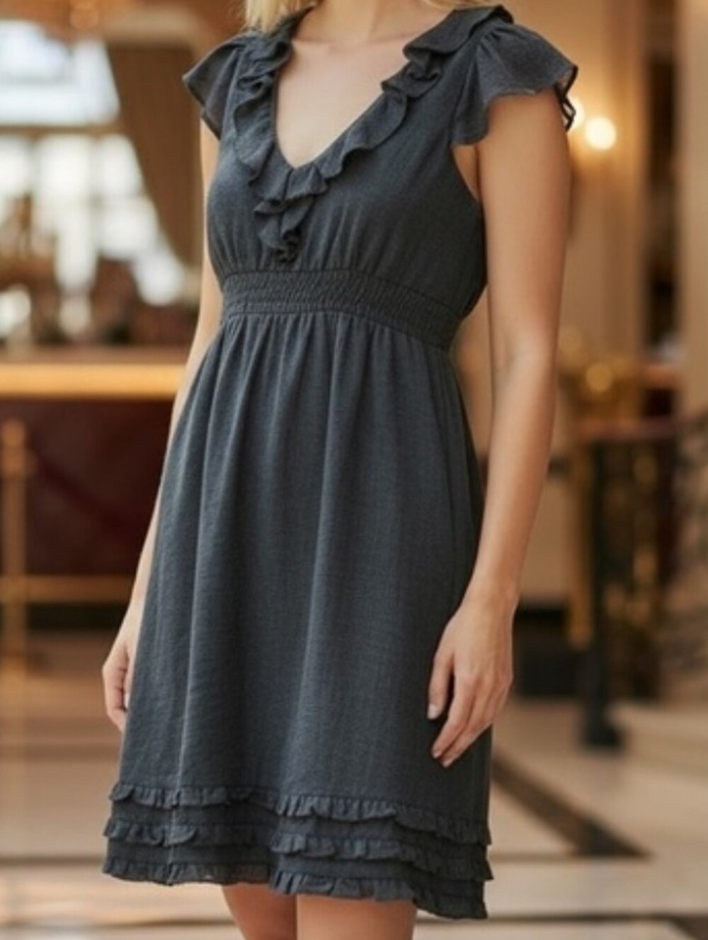 Maeve Anthropologie Chic Gray Ruffle Dress Empire Waist Flutter Sleeve, Size 14